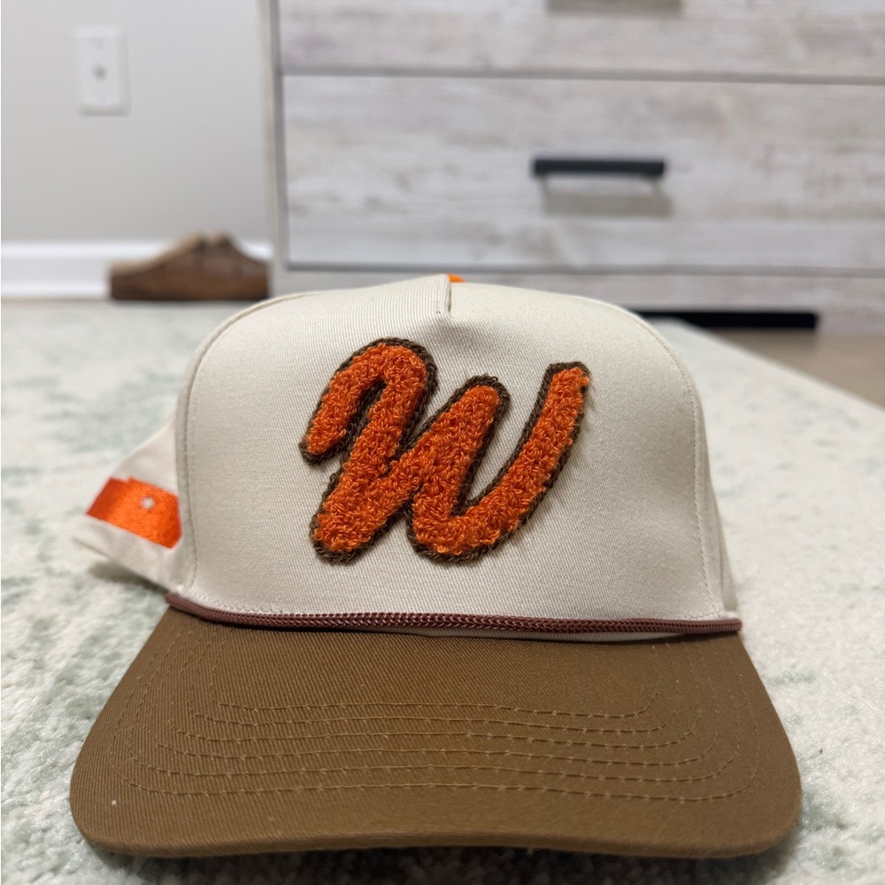 Beige and Brown Cap with Orange Lettering
